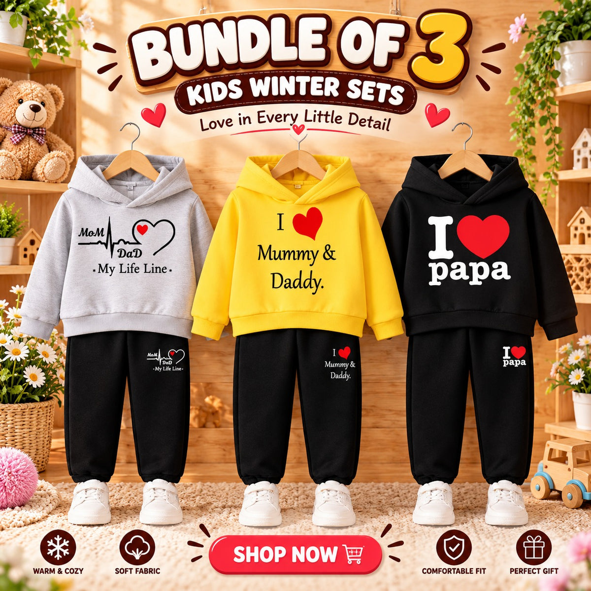 Bundle Of 3 Kids Hoodie Style 2-Pcs Winter Suit. Black-Yellow-Grey