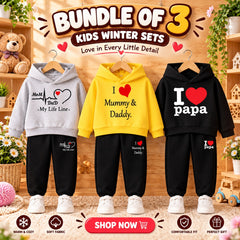 Bundle Of 3 Kids Hoodie Style 2-Pcs Winter Suit. Black-Yellow-Grey