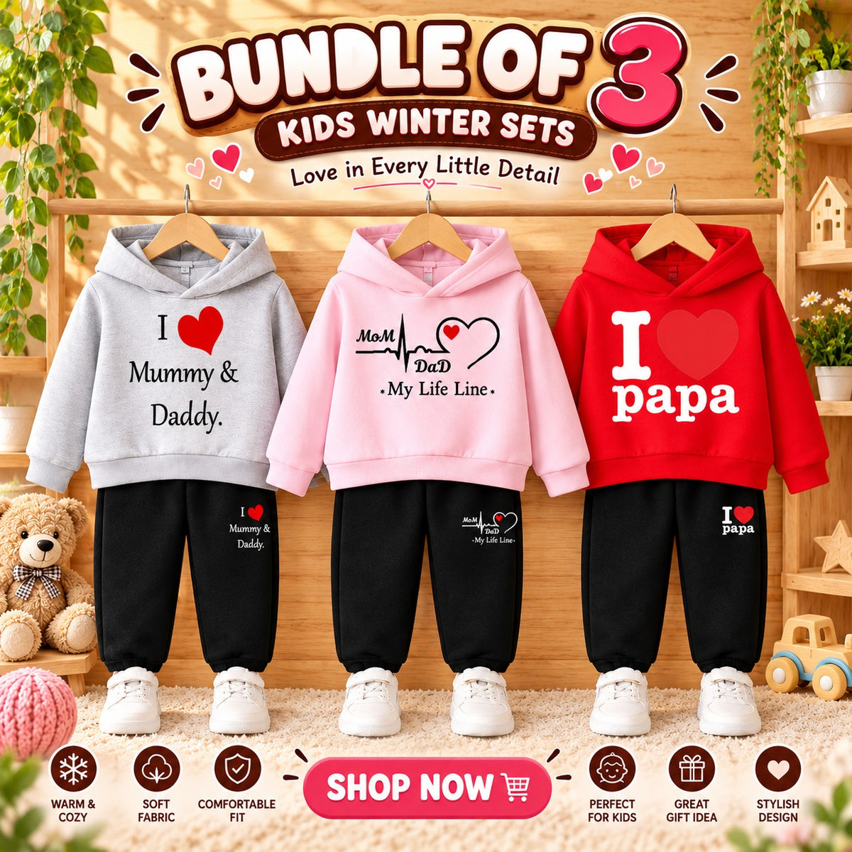 Bundle Of 3 Kids Hoodie Style 2-Pcs Winter Suit. Red-Pink-Grey