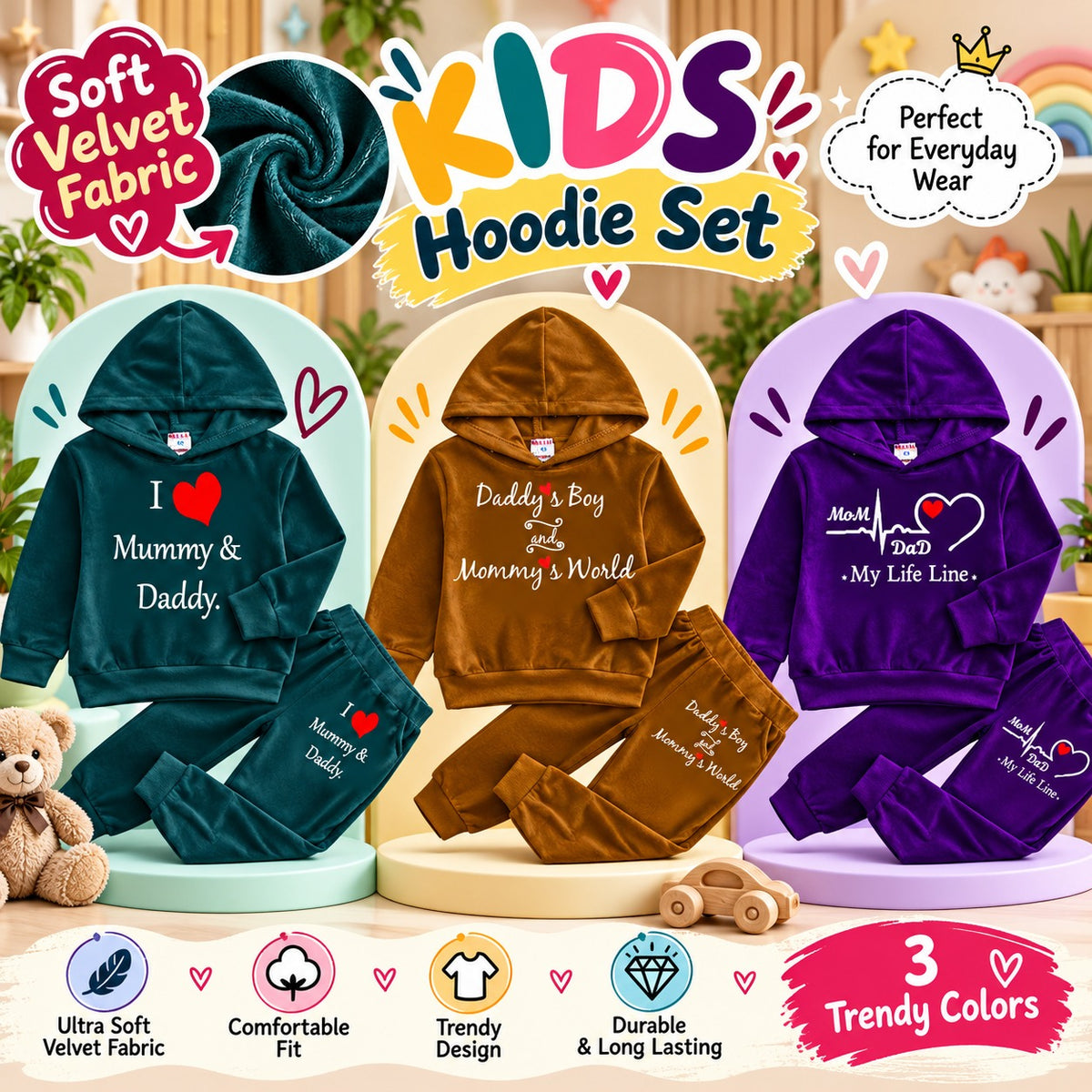 Bundle Of 3 Kids Velvet Hoodie Style 2-Pcs Winter Suit. Camel-Green-Purple