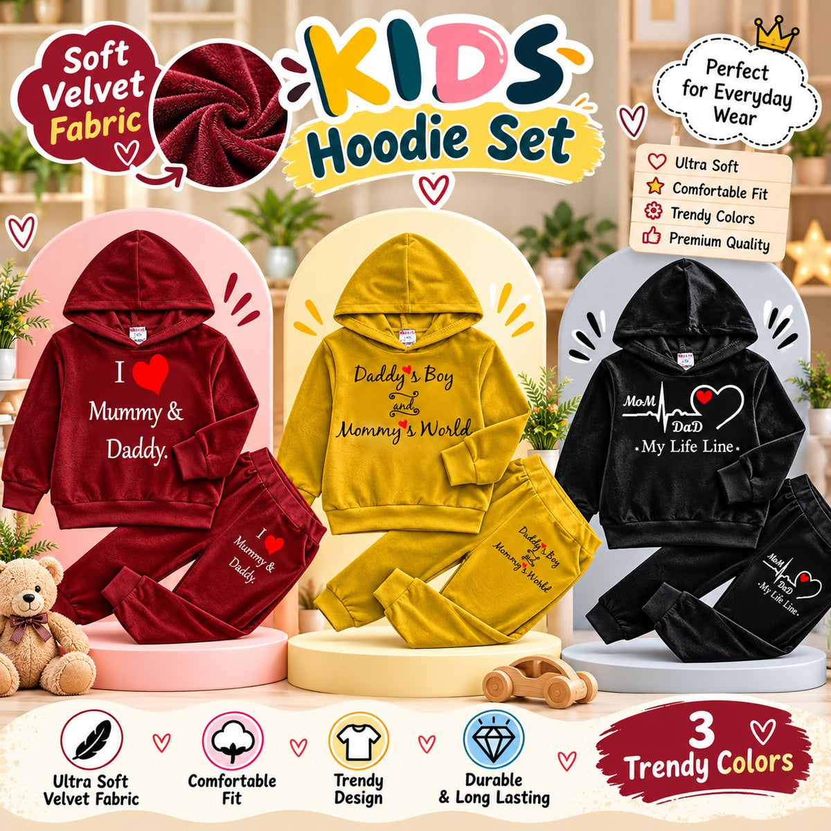 Bundle Of 3 Kids Velvet Hoodie Style 2-Pcs Winter Suit. Mustard-Maroon-Black