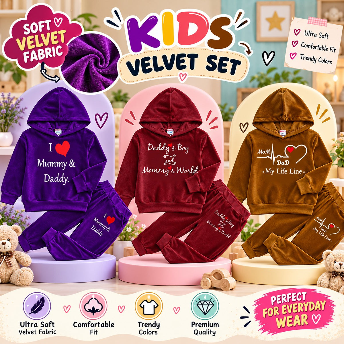 Bundle Of 3 Kids Velvet Hoodie Style 2-Pcs Winter Suit. Camel-Maroon-Purple