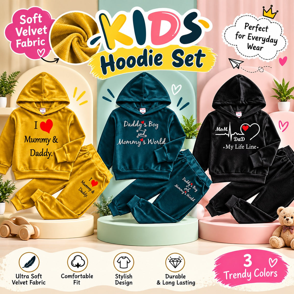 Bundle Of 3 Kids Velvet Hoodie Style 2-Pcs Winter Suit. Green-Mustard-Black