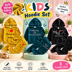 Bundle Of 3 Kids Velvet Hoodie Style 2-Pcs Winter Suit. Green-Mustard-Black