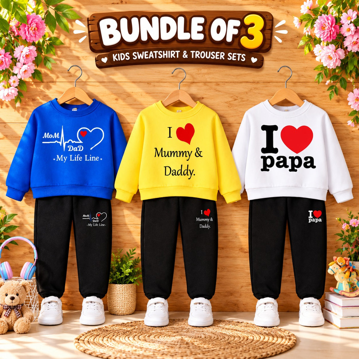 Bundle Of 3 Kids Sweat Style 2-Pcs Winter Suit. White-Yellow-Blue