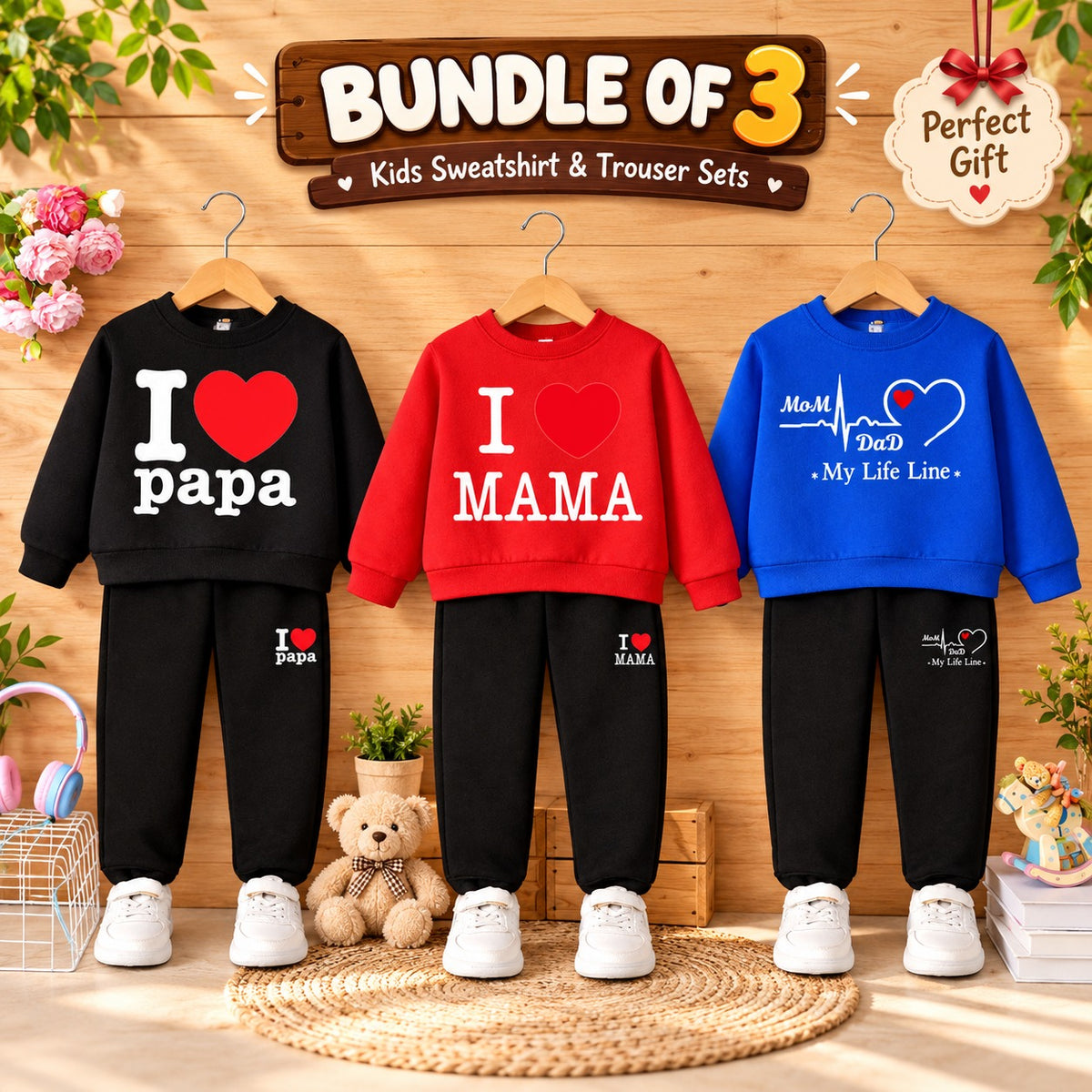 Bundle Of 3 Kids Sweat Style 2-Pcs Winter Suit. Black-Red-Blue