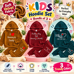 Bundle Of 3 Kids Velvet Hoodie Style 2-Pcs Winter Suit. Camel-Green-Maroon