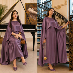 Aizal Flowy Shrug & Long Maxi Style 3-Pcs Silk Stiched Suit.