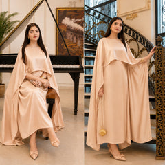 Aizal Flowy Shrug & Long Maxi Style 3-Pcs Silk Stiched Suit.