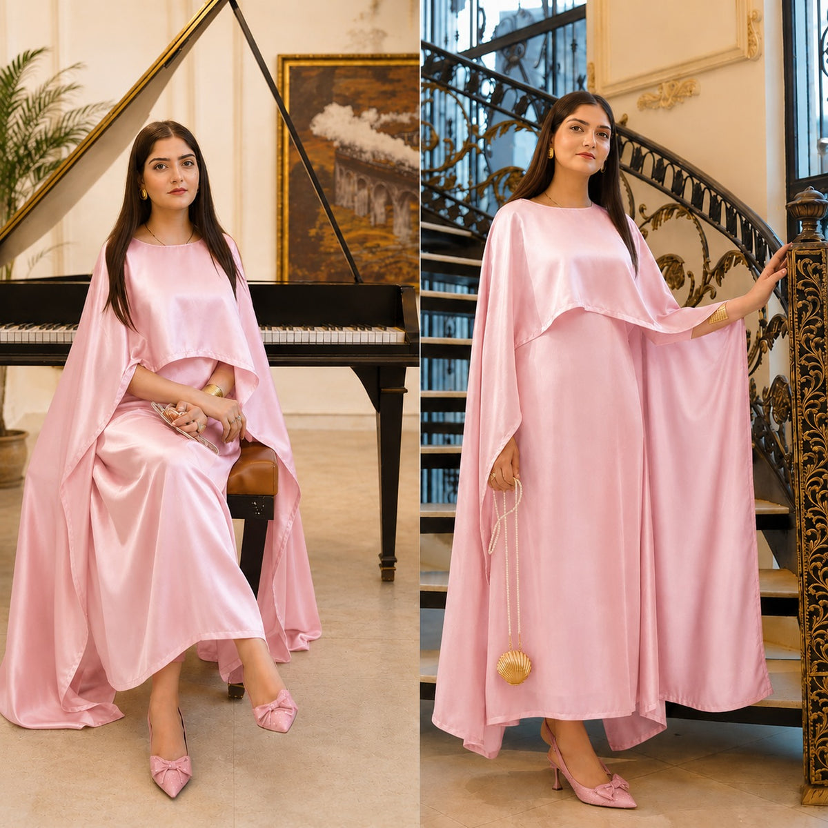 Aizal Flowy Shrug & Long Maxi Style 3-Pcs Silk Stiched Suit.