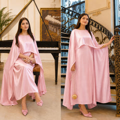 Aizal Flowy Shrug & Long Maxi Style 3-Pcs Silk Stiched Suit.