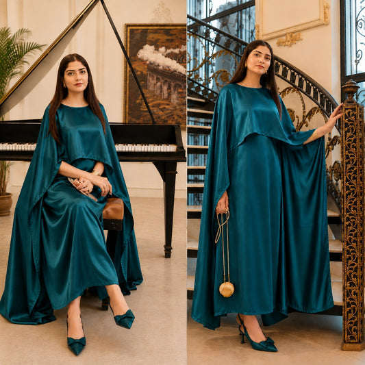 Aizal Flowy Shrug & Long Maxi Style 3-Pcs Silk Stiched Suit.