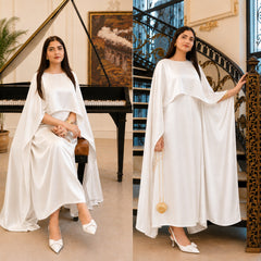 Aizal Flowy Shrug & Long Maxi Style 3-Pcs Silk Stiched Suit.
