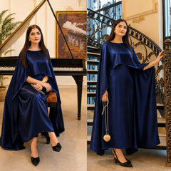Aizal Flowy Shrug & Long Maxi Style 3-Pcs Silk Stiched Suit.