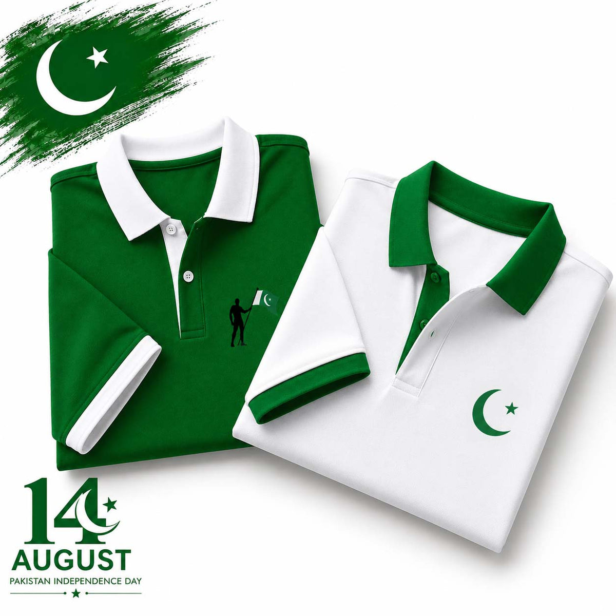 Bundle Of 2 Contrast Collar Style Hold Flag Logo Printed Azadi Polo Tshirt. V2 (White-CT+Green-Hold.Flag) (Copy)