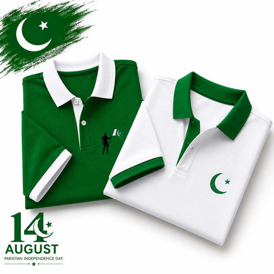 Bundle Of 2 Contrast Collar Style Hold Flag Logo Printed Azadi Polo Tshirt. V2 (White-CT+Green-Hold.Flag) (Copy)