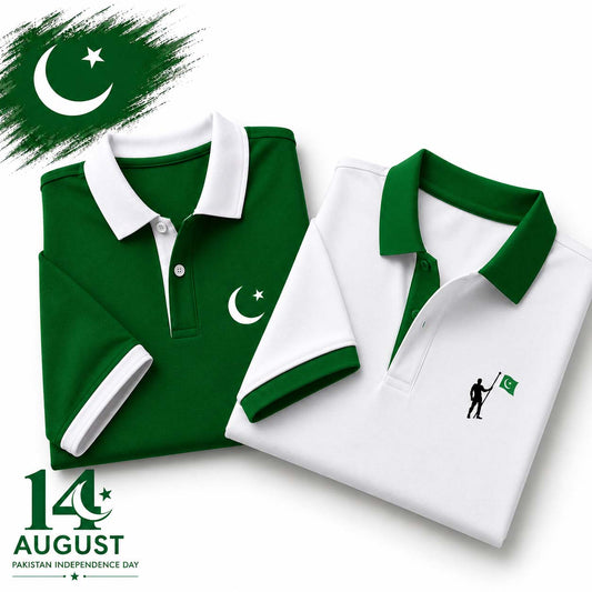 Bundle Of 2 Contrast Collar Style Hold Flag Logo Printed Azadi Polo Tshirt. V2 (Green-CT+White-Hold.Flag)