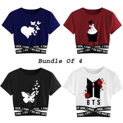 Bundle Of 4 Crop-Top Elastic Waisted Short Sleeve Printed Tee. D-2