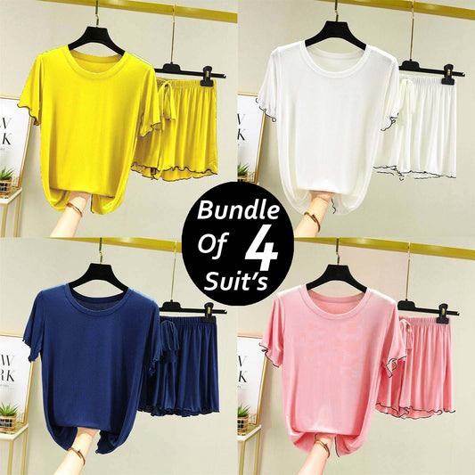 Bundle Of 4 Piko Short Style 2-Pcs Summer Launge & Night Wear Suit.