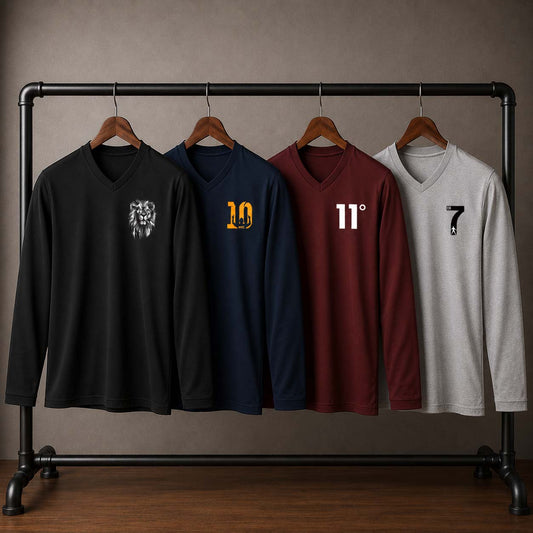 Bundle Of 4 PL-Logo Printed V-Neck Full-Sleeve Summer Tshirt's.