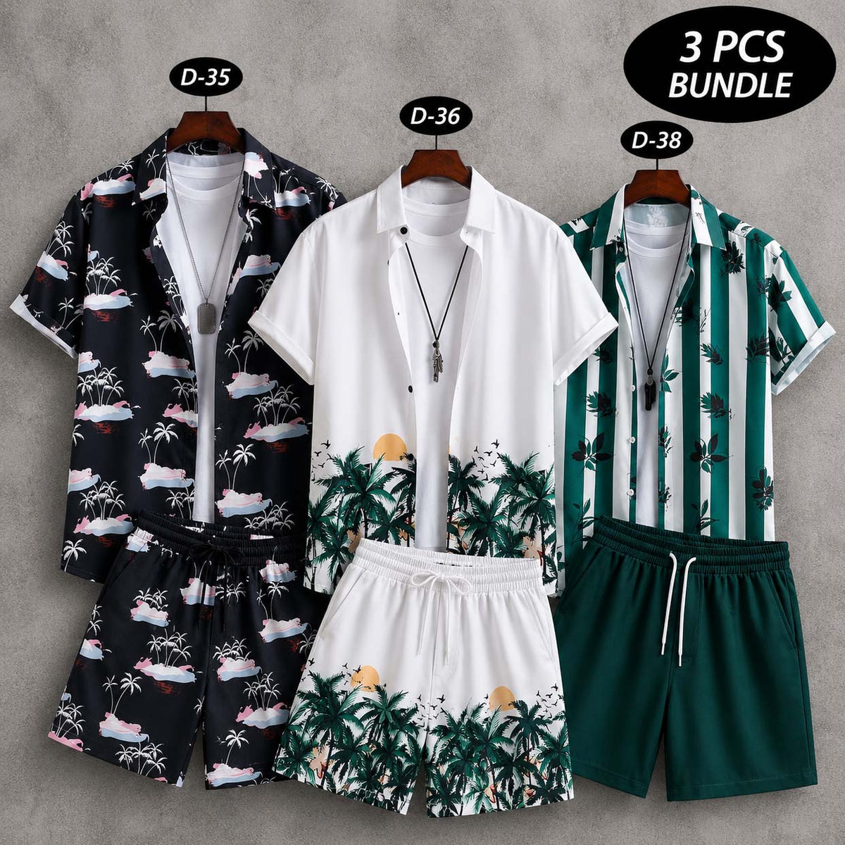 Bundle Of 3 Dry-Fit 3D-Printed Shirt Style 2-Pcs Summer Suit. Deal-23 (Clearance-Sale) D-35+36+38