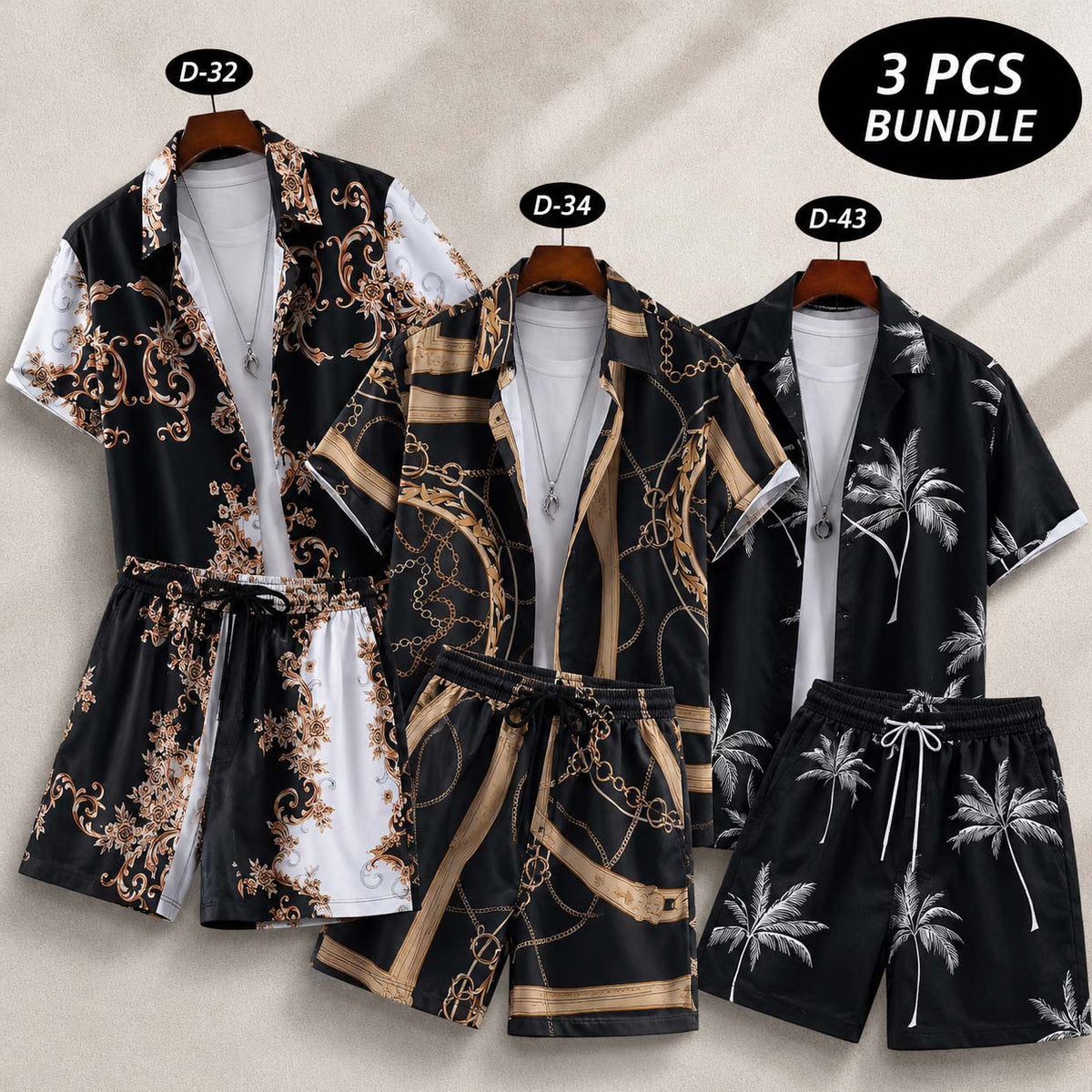 Bundle Of 3 Dry-Fit 3D-Printed Shirt Style 2-Pcs Summer Suit. Deal-22 (Clearance-Sale) D-32+34+43