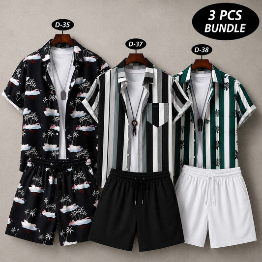 Bundle Of 3 Dry-Fit 3D-Printed Shirt Style 2-Pcs Summer Suit. Deal-22 (Clearance-Sale) D-35+37+38
