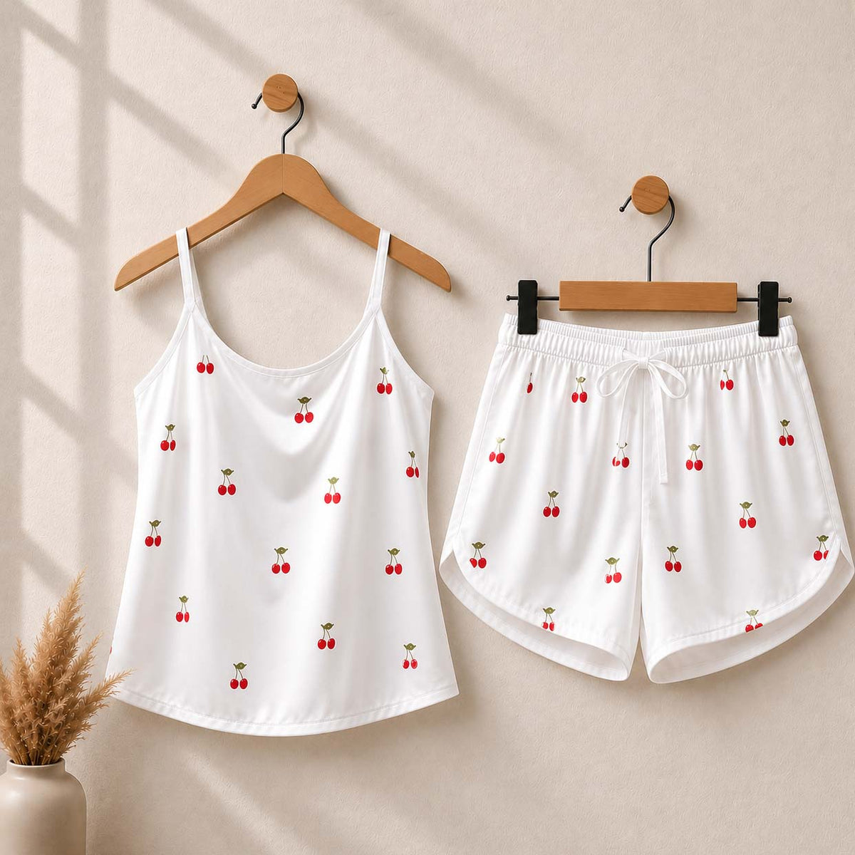 White Cherry Printed 2-Pcs Cami Set For Summer's.
