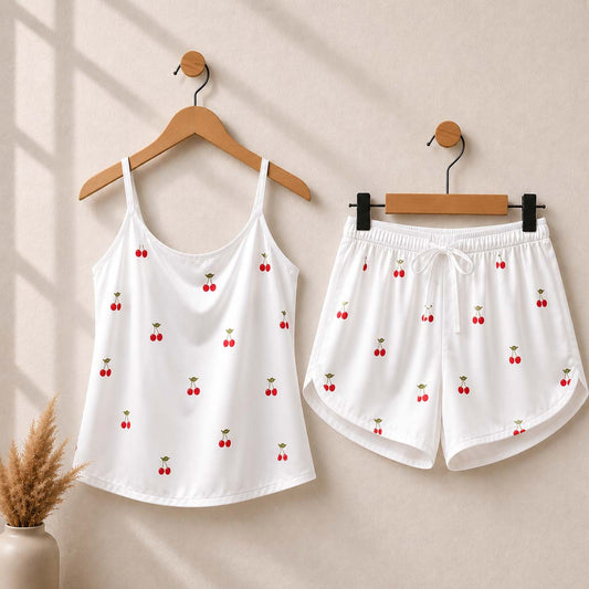 White Cherry Printed 2-Pcs Cami Set For Summer's.