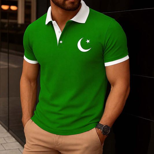 Green Contrast Collar Style CT Logo Printed Azadi Polo Tshirt.