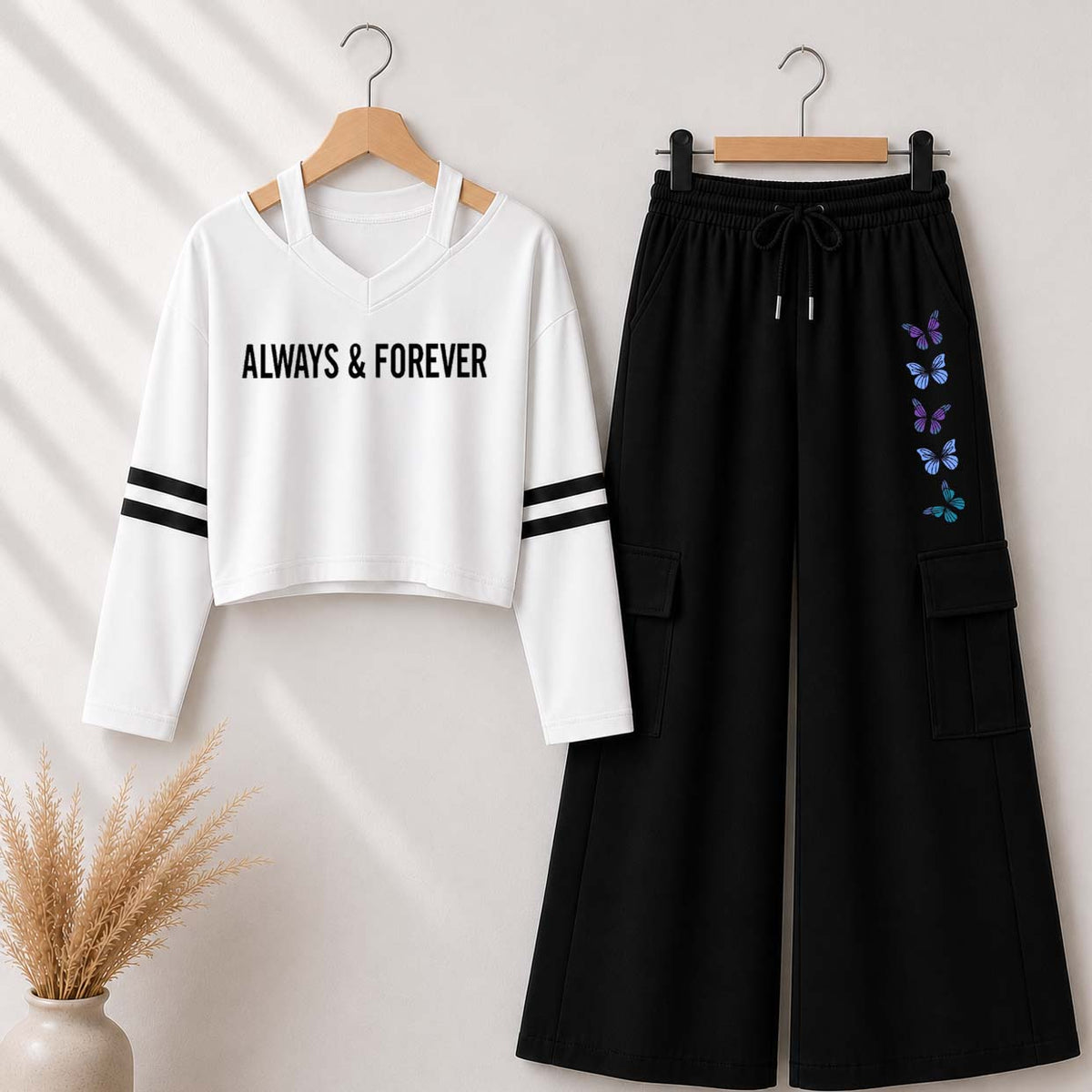 White Always&4Ever Printed V-Neck Shoulder Strap & Cargo Trouser Style 2-Pcs Summer Tracksuit. D-6