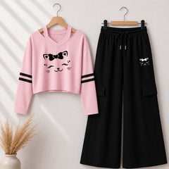 Pink Kitty Printed V-Neck Shoulder Strap & Cargo Trouser Style 2-Pcs Summer Tracksuit. D-6