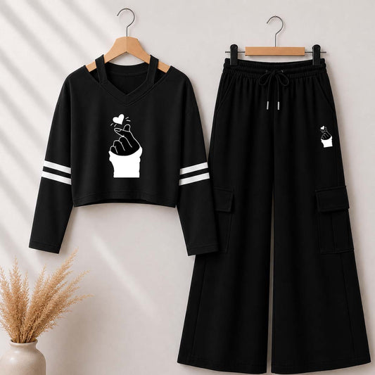 Black Chutki Printed V-Neck Shoulder Strap & Cargo Trouser Style 2-Pcs Summer Tracksuit. D-6