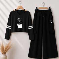 Black Chutki Printed V-Neck Shoulder Strap & Cargo Trouser Style 2-Pcs Summer Tracksuit. D-6