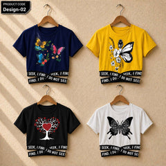 Bundle Of 4 Crop-Top Elastic Waisted Short Sleeve Printed Tee.  Style.2&3