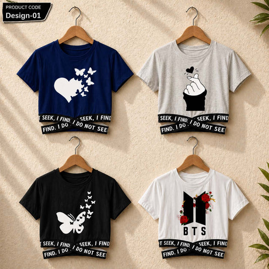 Bundle Of 4 Crop-Top Elastic Waisted Short Sleeve Printed Tee.  Style.2&3