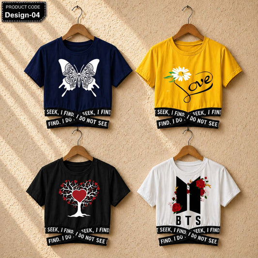 Bundle Of 4 Crop-Top Elastic Waisted Short Sleeve Printed Tee.  Style.2&3