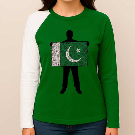 Green Contrast Sleeve Style Flag Printed R-Neck Full-Sleeve Azadi Tshirt. D-38