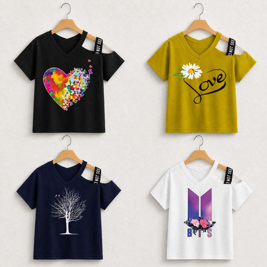 Bundle Of 4 Shoulder-Open Short-Length Half Sleeve Printed Tee. Style-D4