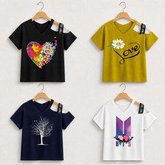 Bundle Of 4 Shoulder-Open Short-Length Half Sleeve Printed Tee. Style-D4