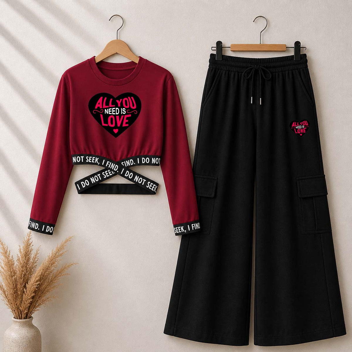 Maroon Heart-Love Printed Crop-Top Elastic Waisted & Cargo Trouser Style 2-Pcs Summer Tracksuit. D-1