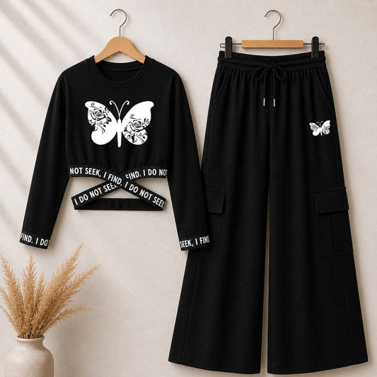 Black Butterfly Printed Crop-Top Elastic Waisted & Cargo Trouser Style 2-Pcs Summer Tracksuit. D-1