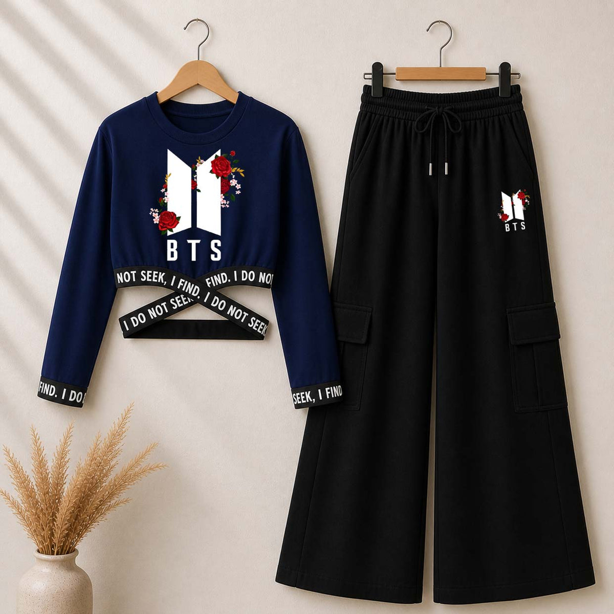 Blue BTS-Flower Printed Crop-Top Elastic Waisted & Cargo Trouser Style 2-Pcs Summer Tracksuit. D-1