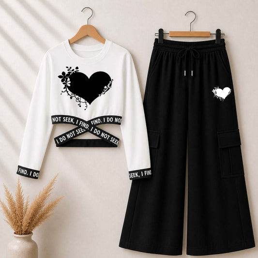 White Heart-Leaf Printed Crop-Top Elastic Waisted & Cargo Trouser Style 2-Pcs Summer Tracksuit. D-1