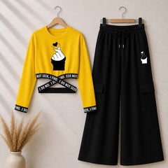 Yellow Chutki Printed Crop-Top Elastic Waisted & Cargo Trouser Style 2-Pcs Summer Tracksuit. D-1
