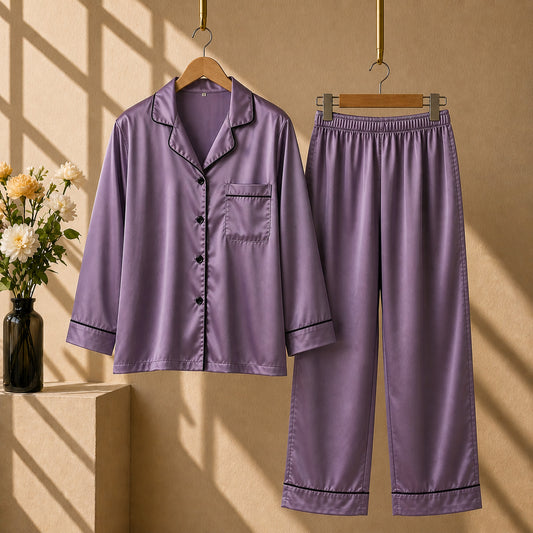 Dust-Purple Imported Regular Style 2-Pcs Silk Nightsuit. (F-Sleeve+Trouser)