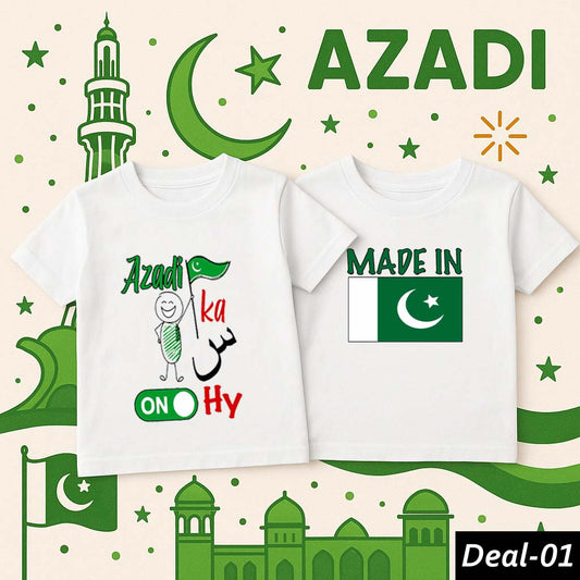 Bundle of 2 White Baby Boy & Girl Azadi Printed Tshirt's. Deal-01