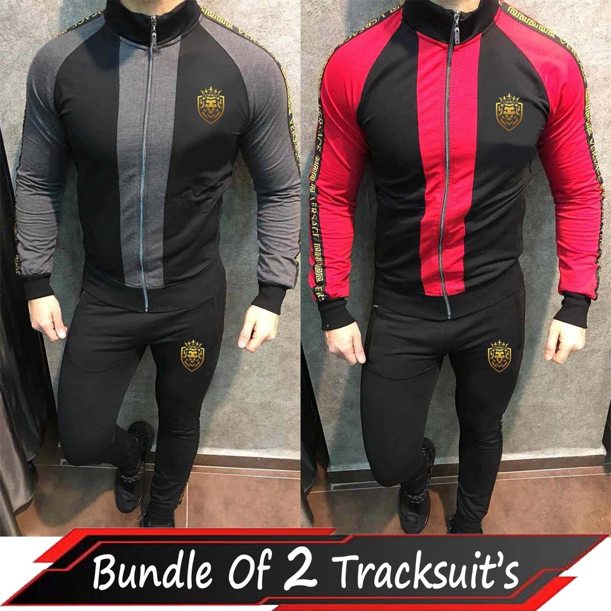 Bundle Of 2 Lion Printed Patch-Work Jacket Style 2-Pcs Winter Tracksuit. D-22