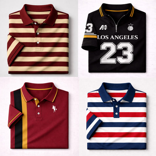 Bundle Of 4 Dry-Fit 3D Stripe Printed Style Half-Sleeve Polo Summer Tshirt's. MS3DP-04+08+13+15