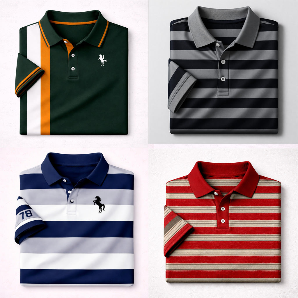 Bundle Of 4 Dry-Fit 3D Stripe Printed Style Half-Sleeve Polo Summer Tshirt's. MS3DP-02+07+14+19